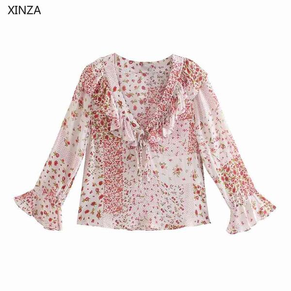 

women's knits & tees shirt women ruffle patchwork floral print pink blouse long sleeve bow v neck vintage summer feminine ele, White