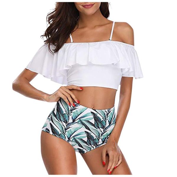 

two piece swimwear women leaf bikini 2021 push-up padded ruffles high waist swimsuit bathing suit beachwear biquini #zq women's, White;black