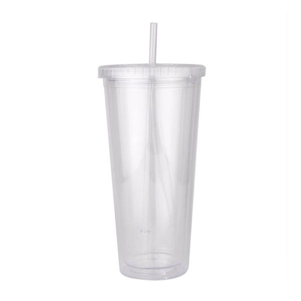 

mugs 650ml transparent plastic straw cup double-layer temperature resistant mug large capacity leak-proof outdoor with lid
