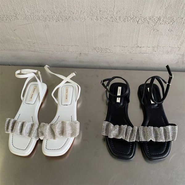 

sandals soft female sandal square toe 2021 women's low-heeled shoes with strap girls rhinestone flat buckle open scandals, Black