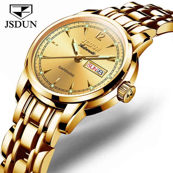 

jsdun 2021 new luxury ladies gold dial design watches women brand stainless steel waterproof mechanical automatic wristwatches, Slivery;brown