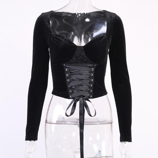 

vintage lace black t shirt goth aesthetic long sleeve velvet t-shirt women harajuku slim bandage women's, White