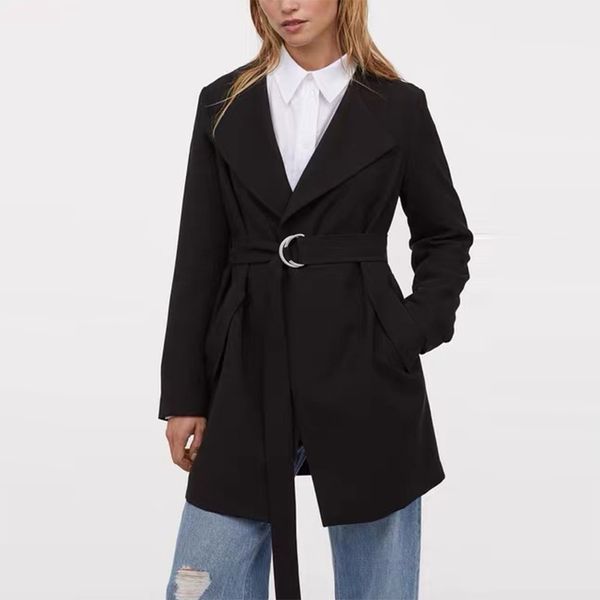 

casual autumn women jacket v neck office lady black coat with belt slim fashion street wear xz2612 210525, Black;brown