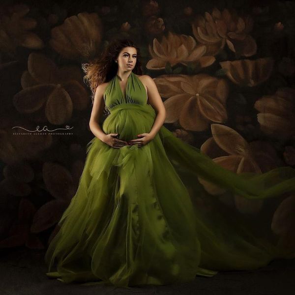 

trendy army green halter ruffles tulle long robes backless maternity women dresses to po shoot elegant bridal gowns casual, Black;gray