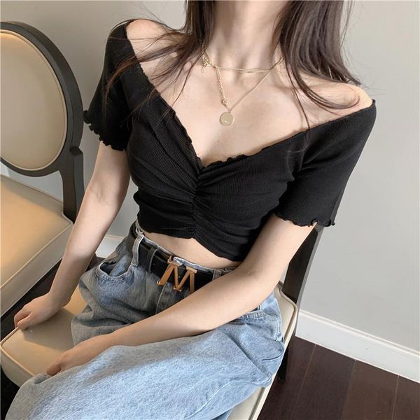 

women's t-shirt short length pleated women basic gothic tshirt black white girl deep v neck t shirt summer street korean fashion clothe