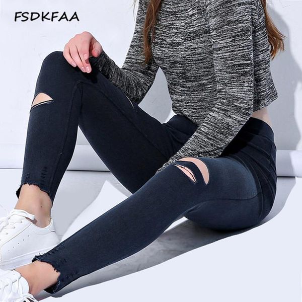 

women's pants & capris fsdkfaa women plus size high waist ripped jeans for skinny pencil stretch black trousers 5xl, Black;white