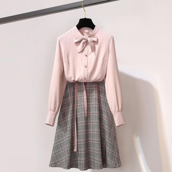 

skirts spring summer women sweet two piece set casual pink bow collar shirts blouses and lace-up plaid midi skirt suit sets, Black
