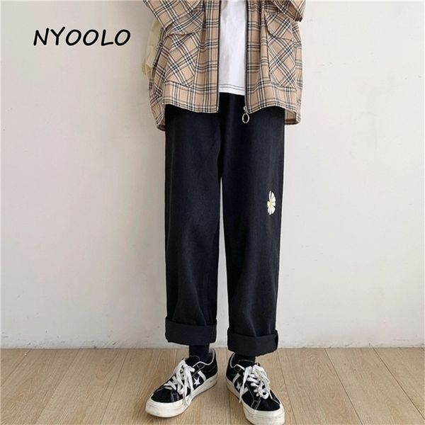 

nyoolo vintage streetwear daisy flower printed washed jeans women men summer loose plus size ankle length straight denim pants, Blue