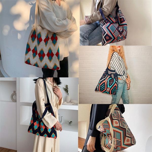 

evening bags lady knitting gypsy bohemian boho chic aztec tote bag women crochet woolen open shopper handle 2021 female daily handbag