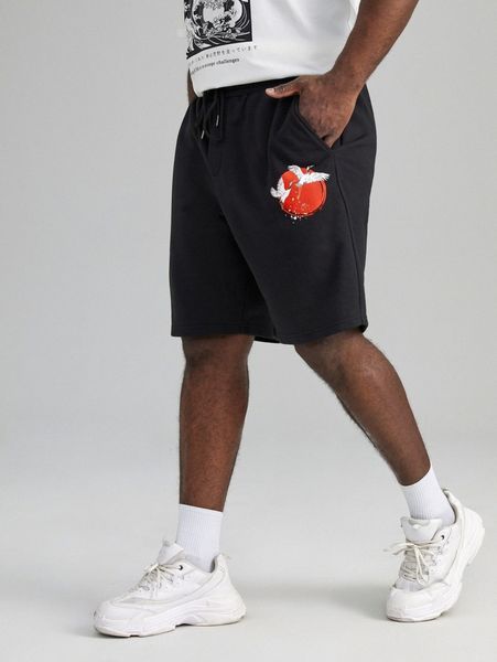 

extended sizes men crane print drawstring waist shorts o3gs#, Black