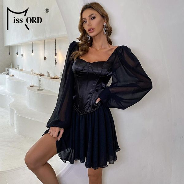 

casual dresses missord 2021 women short dress lantern sleeve solid color see through elegant female backless satin black vestidos, Black;gray