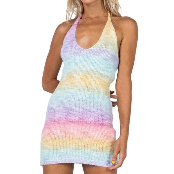

casual dresses polyester ladies outfit halter neck skin-friendly women rainbow buttocks slim dress for summer beach wear, Black;gray
