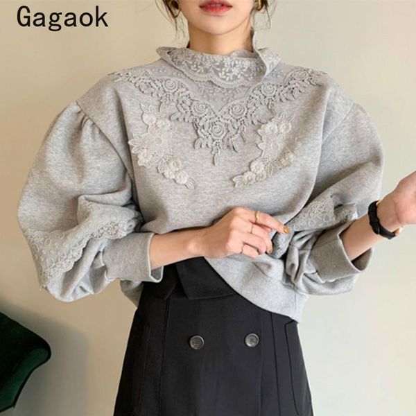 

women's hoodies & sweatshirts gagaok women office lady fashion 2021 spring autumn o-neck lace floral full lantern sleeve loose chic wil, Black