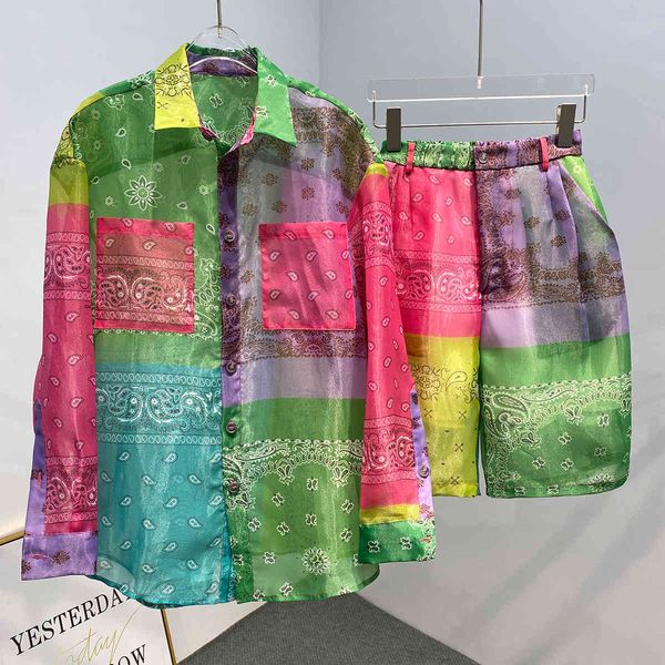 

deat turn-down collar full sleeves contrast colors printed colorful shirt and wide elastic short two pieces set wn06506l 201007, White