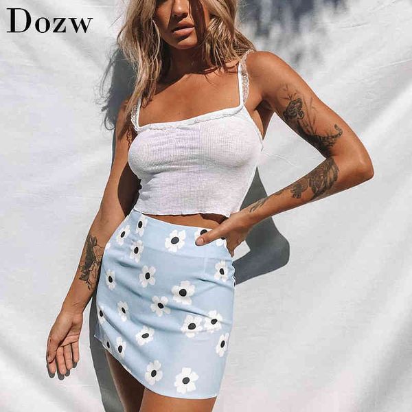 

summer floral printed mini skirt women blue beach a line skirts back zipper bodycon skirt lady faldas cortas 210414, Black