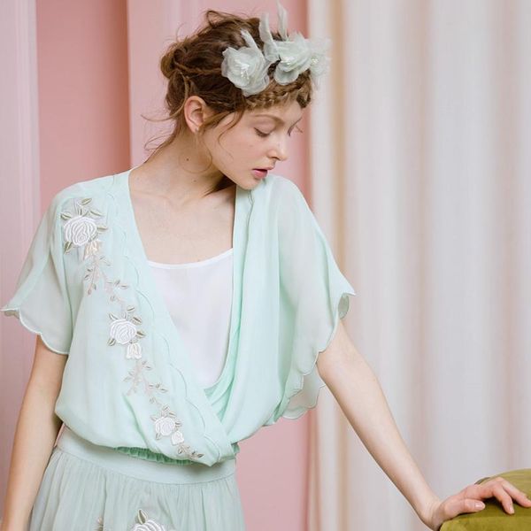 

women's blouses & shirts lynette's chinoiserie spring summer goldenbarr water green white rose embroidery v-neck hanfu slim waist