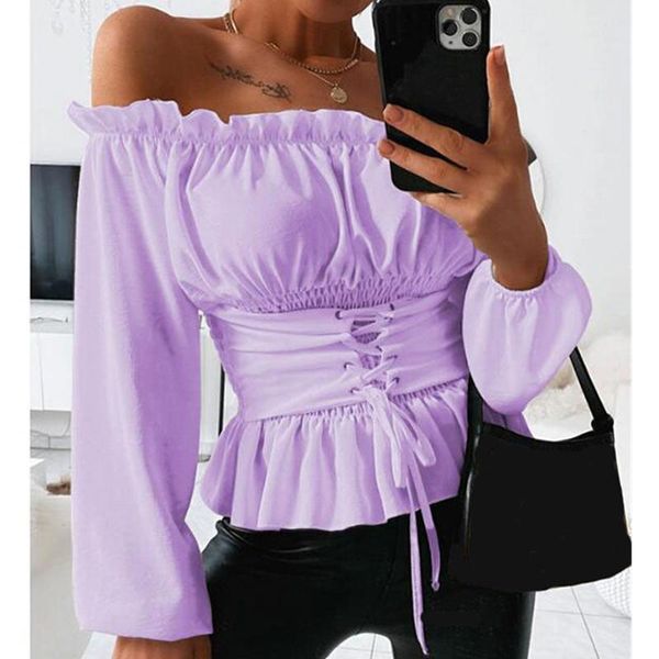 

women's blouses & shirts fashion women off shoulder solid shirt ruffle chiffon blouse tunics puff sleeve clothing female elegant, White