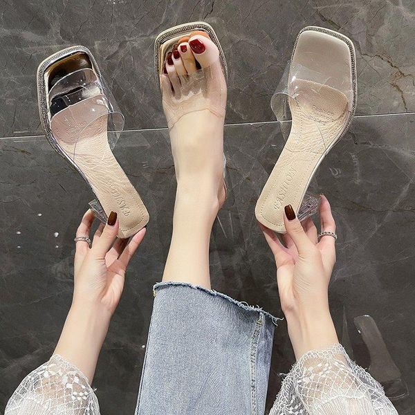 

slippers 2021 summer woman shoes high heels slides fashion design pvc rhinestone decoration women slipper party, Black