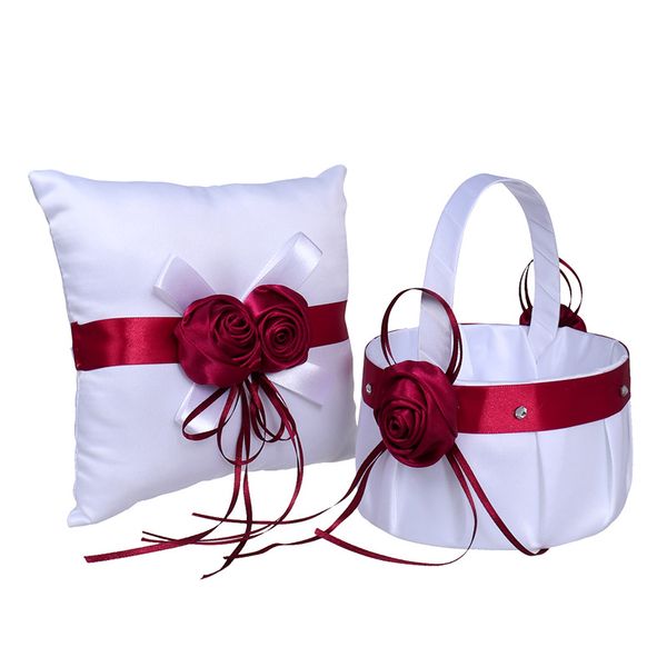 Белая свадебная корзина Подушка с красной атласной розой и бантом Кольцевые подушки и корзины для девочек-цветочниц H-5663