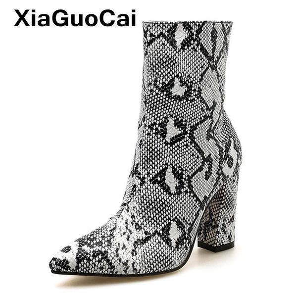 

boots women zipper snake print ankle big size square heel fashion pointed toe ladies shoes 2021 pumps high quality, Black