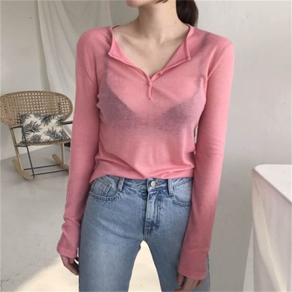 Outono alta qualidade camisa de algodão mulheres básica t - shirts feminino casual tops manga longa sexy t-shirt fina ver através de 210423