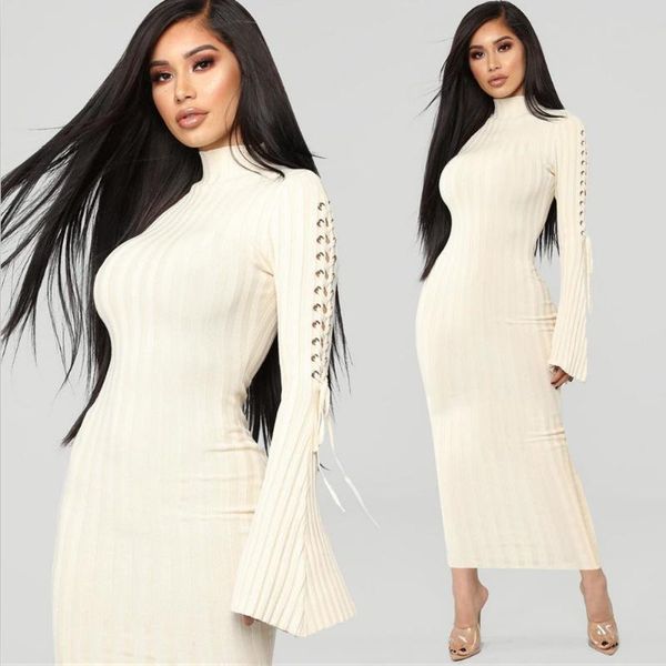 

casual dresses ahvit autumn winter solid woolen sweater dress flare sleeve high neck sides hollow out vintage bandage als070, Black;gray
