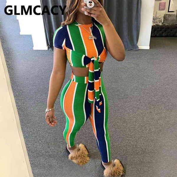 

two piece striped suits short sleeve crop & skinny pants set 210702, White