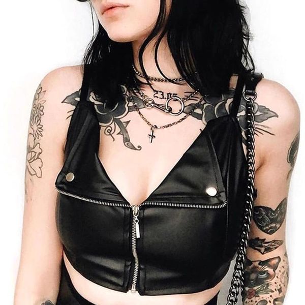 

women's tanks & camis fashion women ladies summer pu leather sleeveless vest lapel zip closure short tank, White