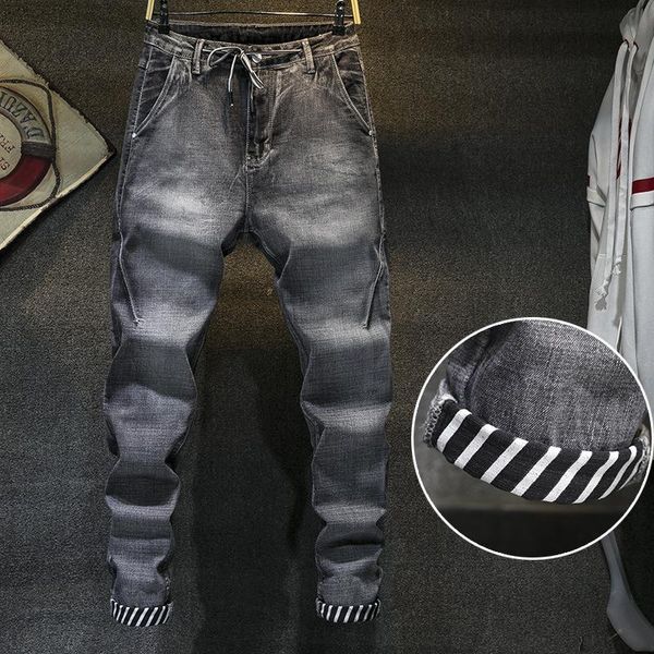 

men's jeans gray mens casual korean slim stretch straight long pants patchwork men boyfriend streetwear, Blue