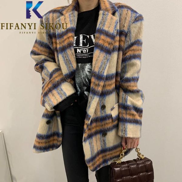 

women's suits & blazers woolen blazer jacket women double breasted lapel fashion plaid suit autumn winter thick warm loose coat female, White;black