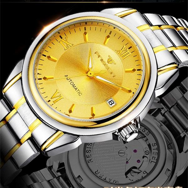 

men watches automatic machinery ruby bearings design waterproof classic gold dial european sports precision with gift box wristwatches, Slivery;brown