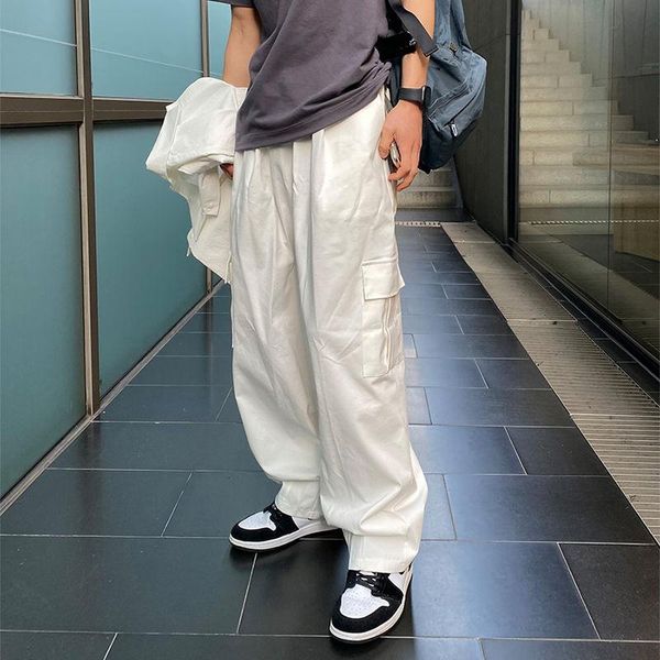 

men's pants summer wide-leg fashion retro pocket casual men streetwear korean loose straight-leg cargo mens trousers, Black