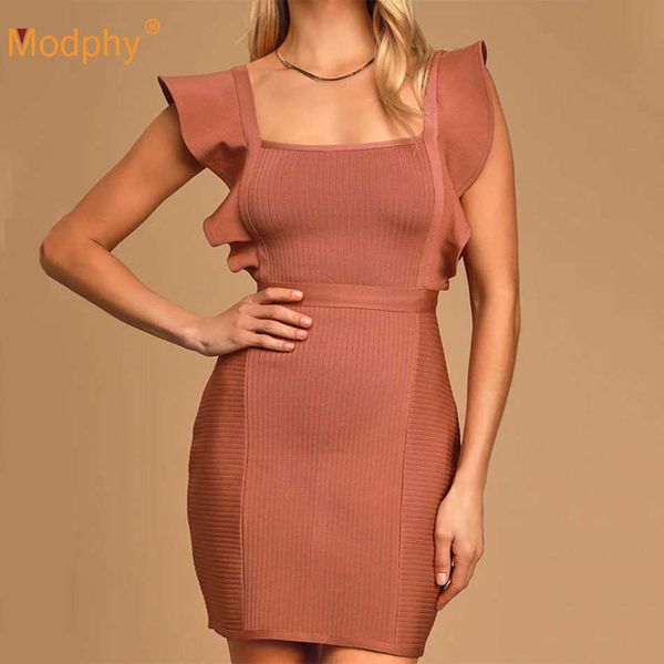 

elegant women's square collar backless ruffle sleeve bodycon knit dress autumn celebrity evening party vestidos 210527, Black;gray