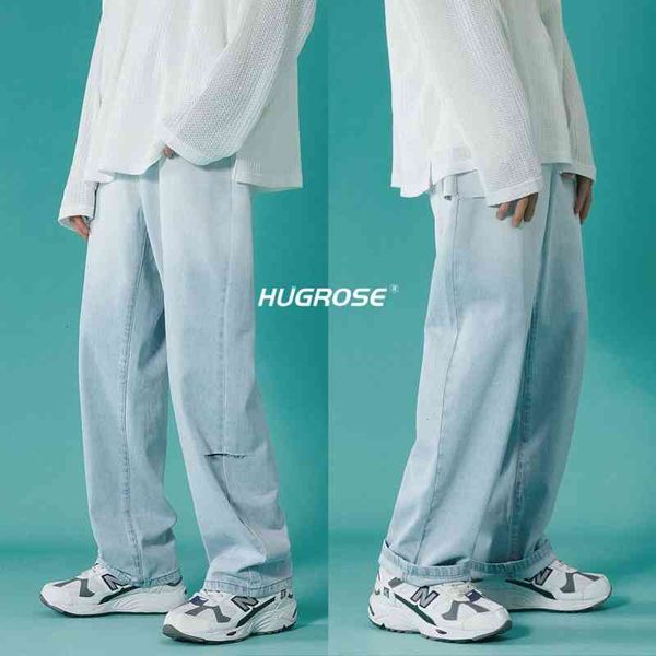 

men's jeans cotton wide-leg fashion retro gradient men streetwear loose hip-hop straight-leg denim trousers mens s-2xl 7pmk, Blue