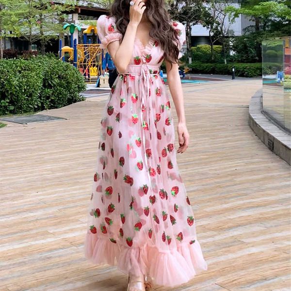 

women's t-shirt sleeve sequin women summer strawberry embroidery v neck sweet ruffle lace lacing design cute long hxcz, White