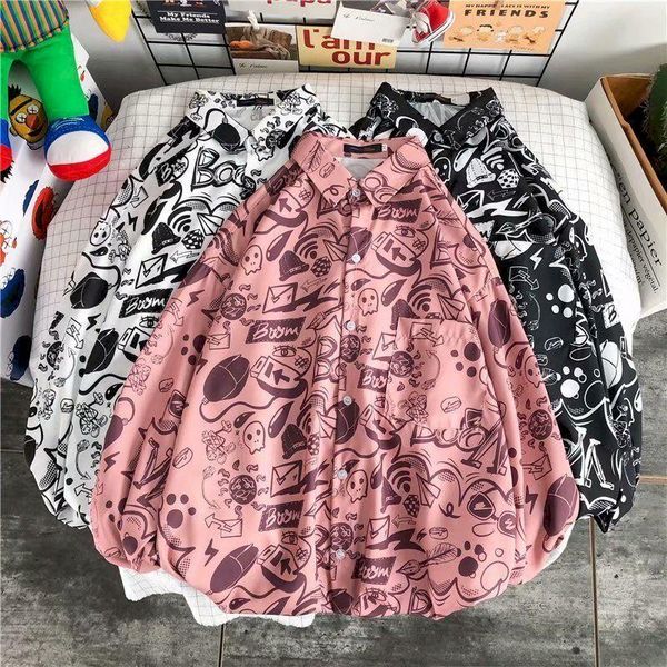 

men's casual shirts streetwear shirt men long sleeve cardigan graffiti printed blouse oversized hong kong spring autumn korean loose ma, White;black