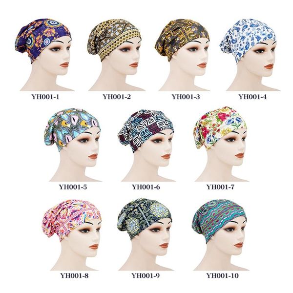 

satin cotton printed nightcap double-layer lining pile cap elastic sleeve bonnet wholesale beanie/skull caps, Blue;gray