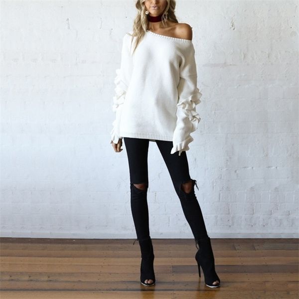 

autumn and winter women's sweater casual solid color round neck long sleeve ruffled decorative loose 210430, White;black