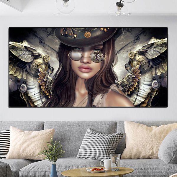 Canvas покраска стимпанк ангелов с очками сексуальные женщины девушка портрет плакаты и печатает настенные фотографии для гостиной декор