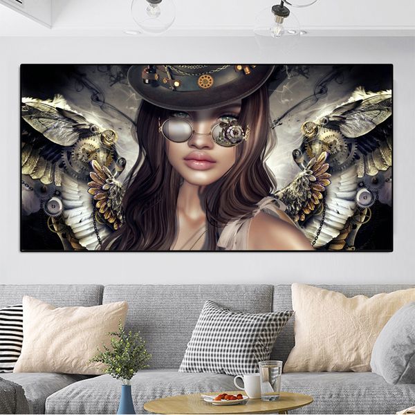 

canvas painting steampunk angels with glasses women girl portrait posters and prints wall pictures for living room decor