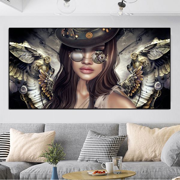 Quadro su tela Steampunk Angeli con occhiali Donne sexy Ritratto di ragazza Poster e stampe Immagini a parete per la decorazione del soggiorno