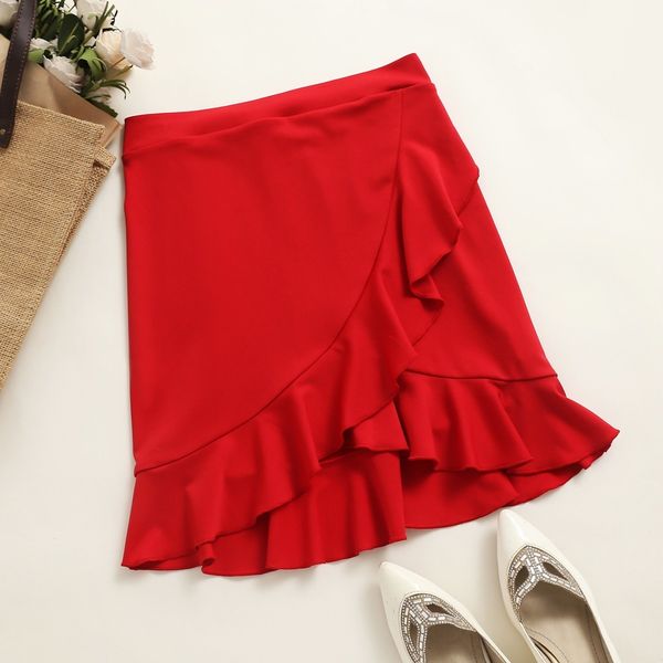 

plus size dresses hy333005# summer thin red ruffle skirt large irregular hip