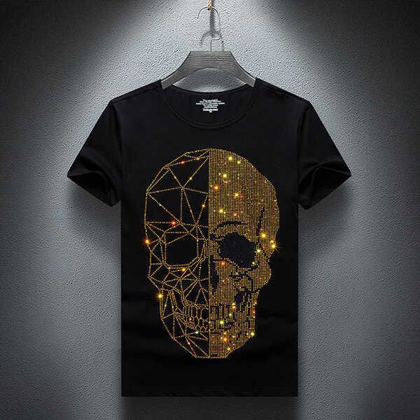 

summer mens skulls rhinestones t shirts modal cotton o neck short sleeve slim tee shirt, White;black