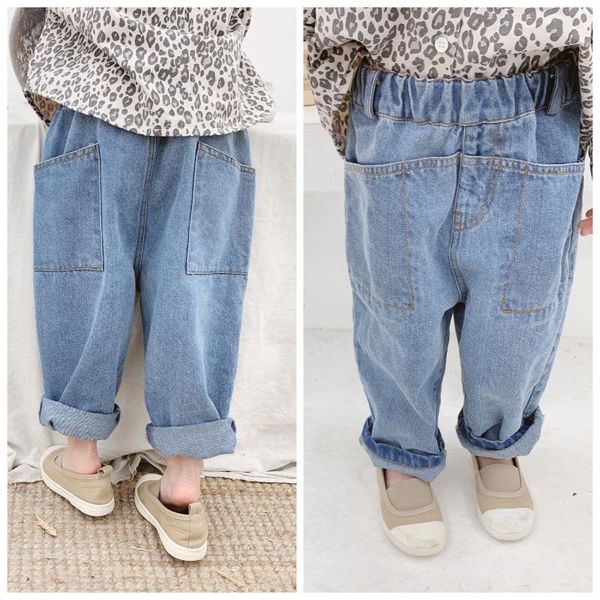 

kids jeans pants spring autumn baby girls korean big pockets denim casual loose harem for boys children's trousers, Blue
