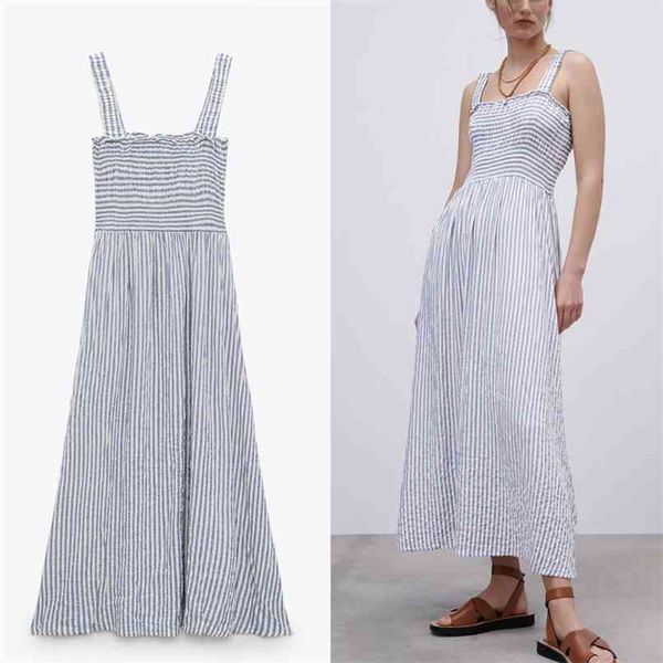 

women long striped summer dress wide straps sleeveless vintage beach es woman smocked elastic blue pleated 210524, Black;gray
