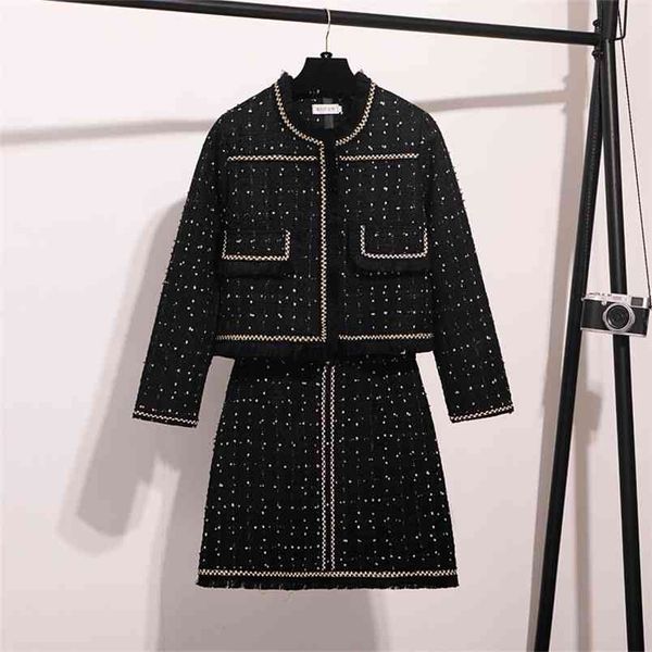 

autumn winter runway women tweed cardigan short jacket coat + bodycon mini dress ladies fringed tassels woolen 2 piece set 210514, White
