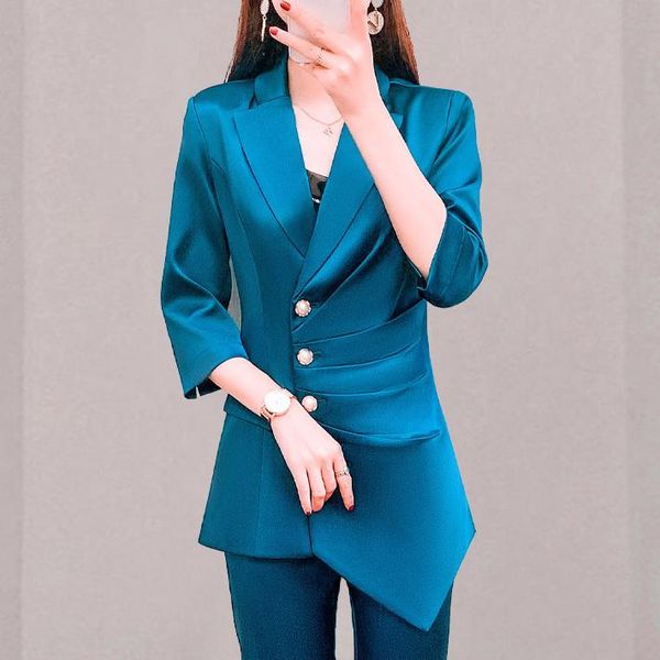 

women's two piece pants green irregular mid-sleeve suit jacket women's fashion two-piece design, White