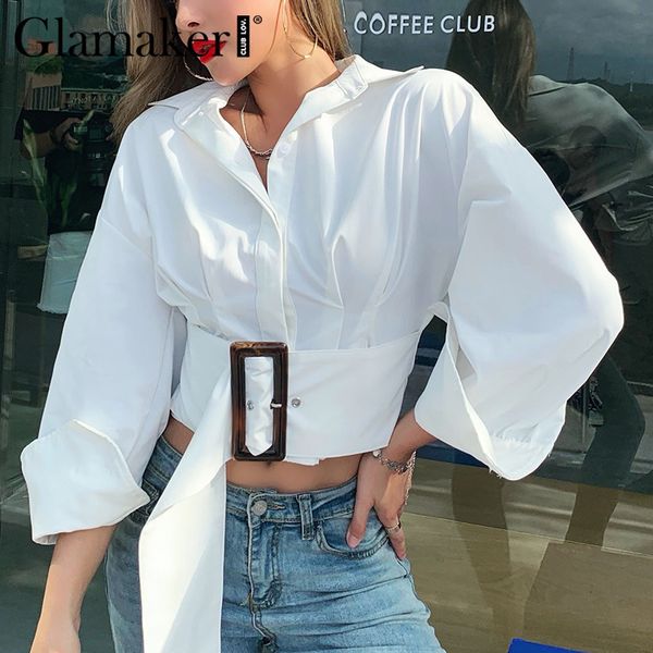 

glamaker long lantern sleeve white crop belt women british style office lady blouse shirt elegant autumn shirt new 210412