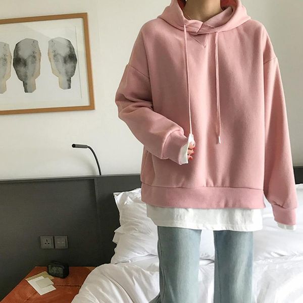 

women's hoodies & sweatshirts autumn winter women casual solid patchwork loose long sleeve hooded fleece woman 8 colors, Black