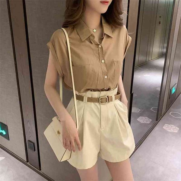 

s-3xl large size light mature wind suit women summer style waistcoat shirt + casual shorts fashion two-piece 210525, White